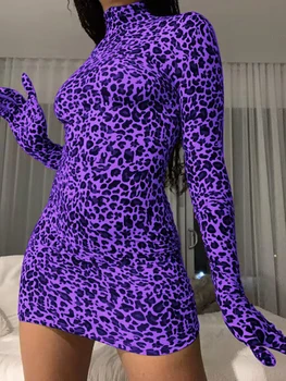 Осень 2023, Женское Мини-облегающее платье с принтом Зебры, Водолазка с длинным рукавом и Перчатками, Сексуальные платья для обтягивающих Леди Y2K Club