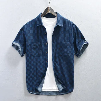 Летняя клетчатая джинсовая рубашка с короткими рукавами, мужское свободное повседневное пальто с короткими рукавами