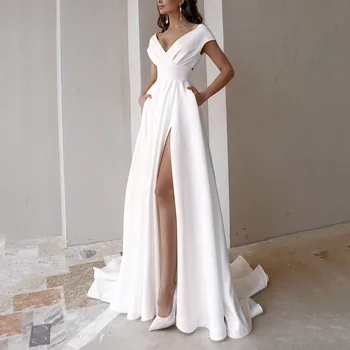 Женское Новое сексуальное белое свадебное платье для вечеринки, Узкое, с разрезом на высокой талии, однотонное длинное платье без рукавов с рюшами, женское элегантное платье