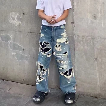 Новые брюки для мужчин, порезанные уличным ножом, поврежденные, модный бренд, выстиранные, Старый Модный бренд VIBE, прямые широкие мужские джинсы