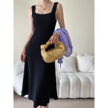 Шикарная Корейская версия Качественного Французского Черного женского платья, Темпераментное тонкое вязаное летнее платье