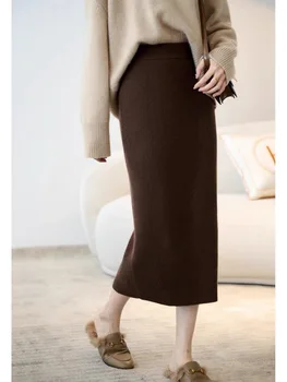 Хлопчатобумажная шерстяная трикотажная юбка с тонкой оберткой для бедер, однотонные юбки для женщин