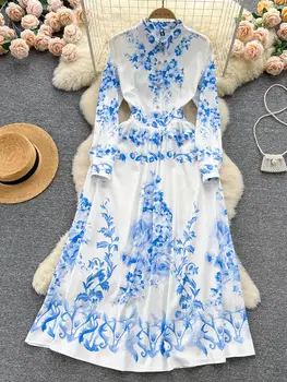 Весенне-летнее модное сине-белое фарфоровое платье в цветочек, женское элегантное платье с длинным рукавом и цветочным принтом, женское платье Vestidos