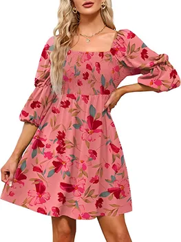 Летние мини-платья с цветочным принтом Для женской одежды 2023, квадратный воротник, половина рукава, Элегантное женское пляжное повседневное платье большого размера