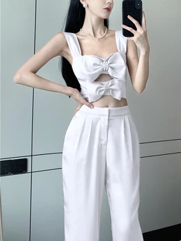 Корейский женский комплект из двух предметов, модный однотонный топ без бретелек с бантом, Высокая талия, топ на шнуровке без спинки, Тонкие Широкие брюки, комплекты уличной одежды