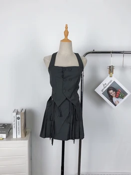 Летние Женские Уличные Наряды Y2K, комплект из 2 предметов, Дизайнерские Укороченные топы с открытой спиной + Мини-плиссированные юбки, Элегантный дизайн, Мода Gyaru 2000s