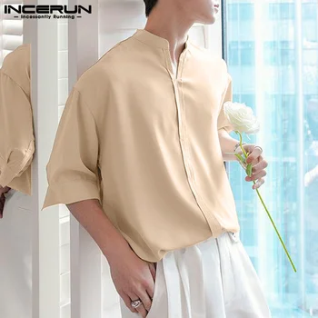 INCERUN Топы 2023 Корейский стиль Мужские однотонные Универсальные Удобные рубашки с воротником-стойкой Повседневная модная блузка с коротким рукавом S-5XL