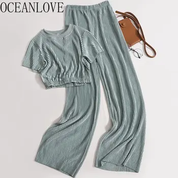 Комплекты брюк OCEANLOVE, Однотонные Весенне-летние Свободные Корейские модные комплекты из 2 предметов, женская одежда, Элегантные Базовые Conjuntos De Pantalon