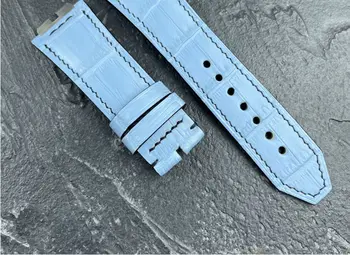 Механические часы ручной работы с небесно-голубым ремешком из кожи аллигатора