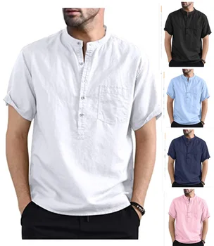 2023 Новая хлопчатобумажная льняная рубашка Мужская Европейская и Американская Трансграничная Однотонная рубашка с коротким рукавом и карманом, Раздельная Мужская одежда