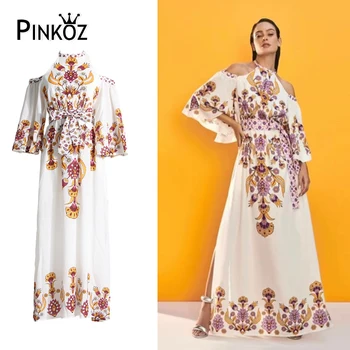 Дизайнерское платье миди Pinkoz с цветочным принтом, открытыми плечами, летние вечерние шикарные праздничные платья в стиле бохо, модные пляжные платья, винтаж
