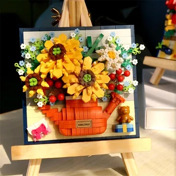 Городской букет, 3D модель домашнего декора, растение Подсолнух в горшке, Стереоскопическая картина, строительный блок, Кирпич, Игрушка для девочки, Подарок ребенку