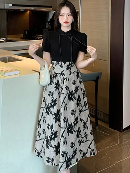 Черное Лоскутное платье Миди с коротким рукавом в цветочек, Женское Летнее Элегантное Облегающее платье 2023, Корейское Винтажное Вечернее платье для вечеринки Хепберн