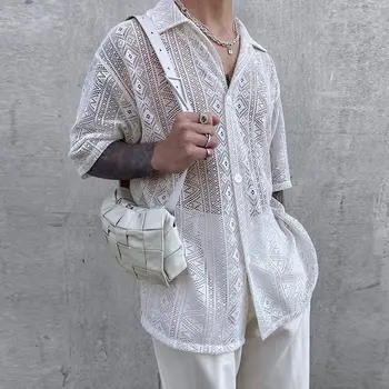 2023 Открытая рубашка Мужская однотонная повседневная уличная одежда с отложным воротником, рубашки на пуговицах с коротким рукавом, винтажные Летние M-3XL