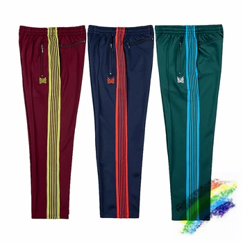 2023fw Брюки с иглами для мужчин и женщин, спортивные штаны с разноцветными полосками, брюки с вышитым логотипом бабочки