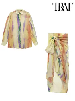 TRAF Летние модные женские костюмы с принтом Tie Dye, свободная рубашка с длинным рукавом, винтажный топ, женская юбка Миди с запахом, комплекты из 2 предметов