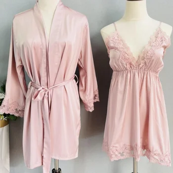 Комплект халатов Twinset с кружевной подкладкой, Женское Кимоно, халат, ночная рубашка, Сексуальная новая весенне-летняя пижама, Повседневное шелковое атласное домашнее платье