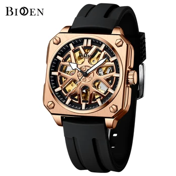 Мужские автоматические часы BIDEN Square из розового золота со светящимися стрелками, модные механические часы со скелетом, часы с силиконовым ремешком.