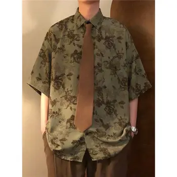 2023 Японская модная блузка с коротким рукавом, Повседневная рубашка для мужчин, женские топы для отдыха, Уличная одежда с принтом, Винтажная Ретро Одежда