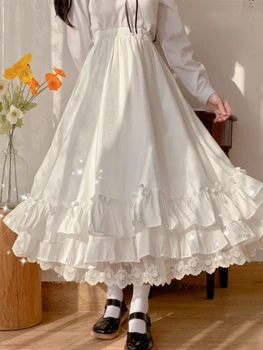 Милая юбка Миди Lolita, французская ретро-юбка, Элегантная Сказочная юбка с рюшами, готическая юбка Lolita Kawaii, Винтажная Длинная кружевная юбка-Лолита Трапециевидной формы