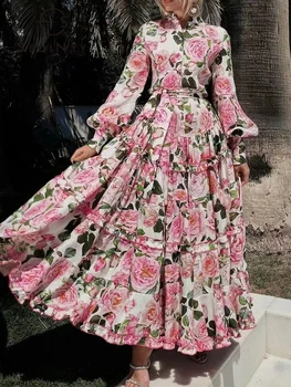 Элегантное длинное платье SEQINYY, Лето, Весна, Новый дизайн одежды, Женская взлетно-посадочная полоса, Хай-стрит, Винтажный Розовый Цветочный принт, Свободный пояс