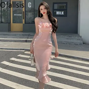 Розовое высококачественное платье на тонких бретельках во французском стиле 2023, Нежная фея, Уникальные вечерние платья без бретелек