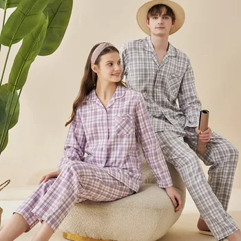 Весенне-летняя домашняя одежда для пары в клетку из чистого хлопка с длинными рукавами, минималистичная японская пижама для пары, женский комплект из хлопка