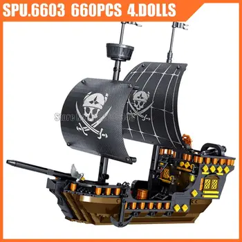 Ql1809 660шт Черный Пиратский Корабль 4 Куклы Строительные Блоки Игрушечный Кирпич