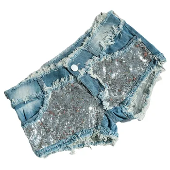 Женские микрошорты Jeans Feminino, сексуальные джинсовые шорты в стиле пэчворк с низкой талией и блестками для ночного клуба
