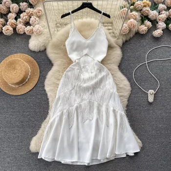 WDMSNA Французское праздничное летнее платье, женское платье трапециевидной формы с V-образным вырезом, тонкой талией, Темпераментное Белое платье на подтяжках с кисточками для женщин