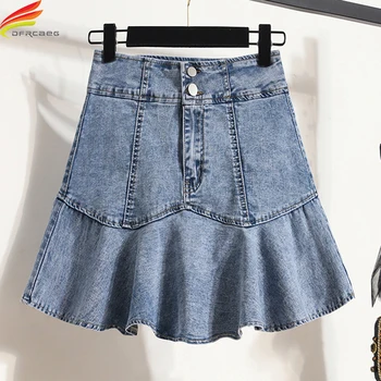 DFRCAEG 2023 Летняя джинсовая юбка для женщин с двойными пуговицами снизу, плиссированная мини-джинсовая юбка на подкладке, повседневные юбки с оборками