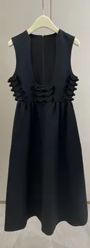 Ретро U-образный вырез с пряжкой, шелковый шерстяной жилет, платье, повседневная мода 2023, летняя новинка, горячая распродажа 0314