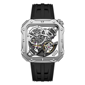BONEST GATTI, мужские роскошные часы, Квадратные Автоматические механические наручные часы, водонепроницаемый сапфировый светящийся скелет, фторопластовый ремешок
