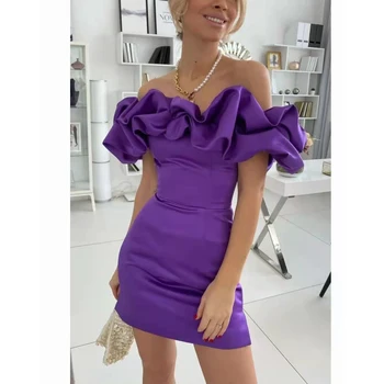 14580 #IENA Фиолетовые сексуальные коктейльные платья-футляр с открытыми плечами, атласное мини-вечернее платье с оборками, вечерние платья выше колена, вечерние платья для вечеринок
