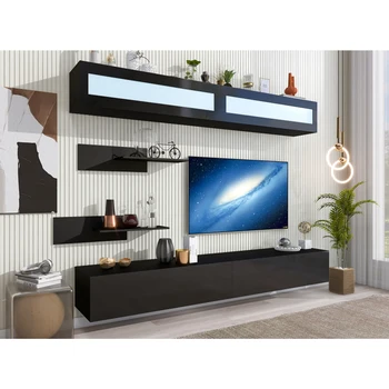 Современный глянцевый развлекательный центр с телевизором диагональю 95+ дюймов, 16-цветными светодиодными лампами RGB для гостиной, спальни, черный цвет