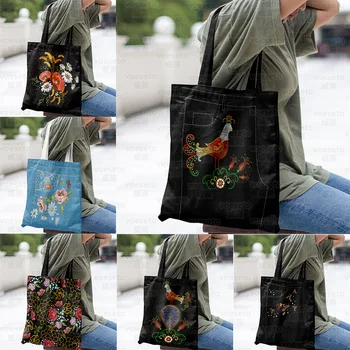 Цветочная эстетика, серия Retro Rooster, Поход за покупками в супермаркет, женские сумки, Эко-холщовые сумки-тоут, переработка для женщин