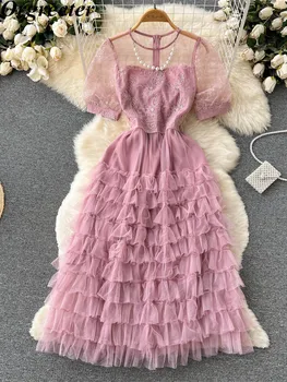 Высококачественное сетчатое кружевное платье в стиле пэчворк с вышивкой для женщин, женские халаты, милое розовое многослойное платье для торта с рюшами, праздничные платья