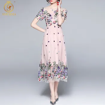 SMTHMA Новое модное летнее платье Женское с коротким рукавом Великолепное сетчатое платье с цветочной вышивкой и высокой талией Vestidos