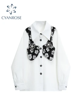 Женская рубашка оверсайз, Модная Белая блузка Y2k, рубашка Поло с длинным рукавом, Элегантная Винтажная Шикарная Корейская блузка в стиле пэчворк, топ 2023