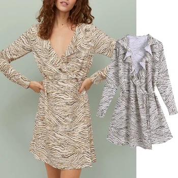 ZA 2020 Модное платье с V-образным вырезом и принтом в полоску в стиле ретро, женское платье с длинным рукавом, элегантное весеннее мини-платье в стиле ретро, Vestidos
