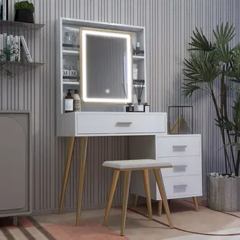 Туалетный столик с Зеркалом и Подсветкой, Косметический столик с 4 Выдвижными ящиками Белого цвета-квадратный