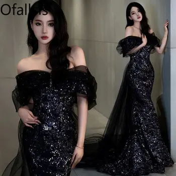 Ofallsis Черное банкетное вечернее платье с открытыми плечами и рыбьим хвостом, новые летние элегантные легкие свадебные платья высокого класса класса люкс 2023