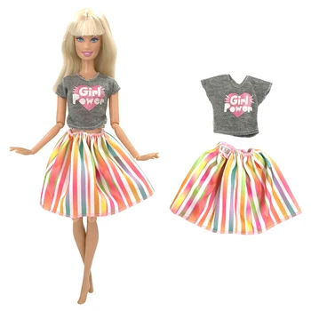 1 Комплект кукольной одежды, рубашка с рисунком в виде сердца + радужная юбка, платье в красочную полоску для куклы Барби, аксессуары для одежды, игрушки