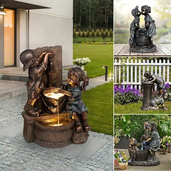 Садовая скульптура из смолы, маленькие девочки и мальчики играют с водопроводной водой, Статуя для украшения внутреннего двора 2023, Наружное украшение