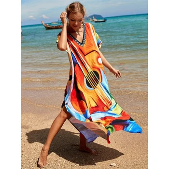 Женское пляжное платье с цветочным принтом, свободный купальный костюм-кафтан, модный купальник с V-образным вырезом, накидка для летних каникул
