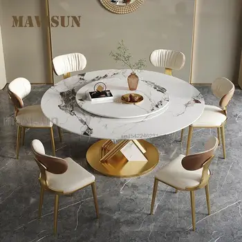 Круглый стол с вращающимся на 360 ° гладким поворотным столом Дизайнерская обеденная мебель на каркасе из нержавеющей стали Кухонный стол и стул из каменной плиты