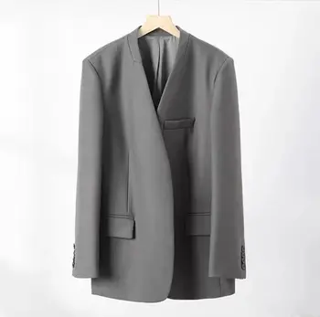 Naizaiga, камвольная шерсть 100, серый черный женский пиджак свободного кроя с V-образным вырезом и поясом MX7