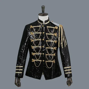 Мужские черные стимпанк блесток блейзер куртка стенд воротник кисточкой дизайн блейзеры мужские ночной клуб Пром рок-н-ролл костюмы, рубашки 5XL