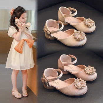 Туфли принцессы для девочек 2023 Весна/лето, новые модные кожаные туфли на высоком каблуке для девочек с водяными бриллиантами для вечеринок