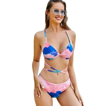 Модные женские купальники-двойки с завязками, сексуальный купальник с открытой спиной, пляжная одежда, разноцветный комплект бикини с разрезом